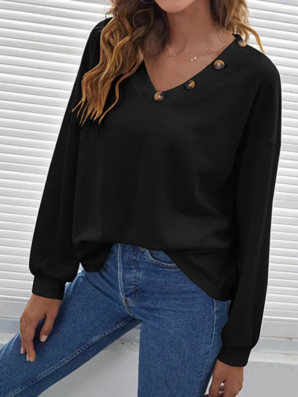 Long Sleeves Loose Buttoned V-Neck T-Shirts Tops