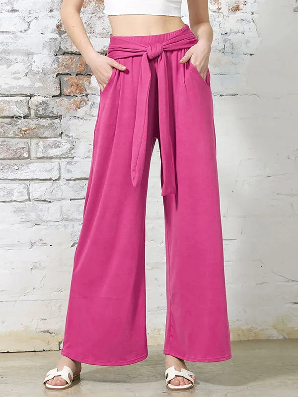 Loose Wide Leg Elasticity Solid Color Tied Waist Pants Trousers