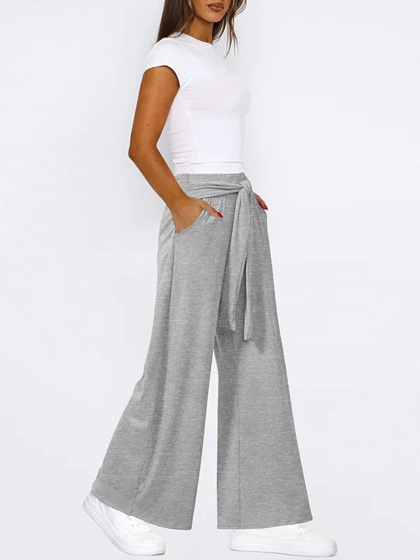 Loose Wide Leg Elasticity Solid Color Tied Waist Pants Trousers