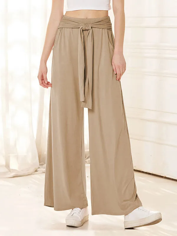 Loose Wide Leg Elasticity Solid Color Tied Waist Pants Trousers