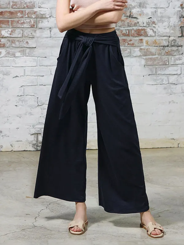 Loose Wide Leg Elasticity Solid Color Tied Waist Pants Trousers