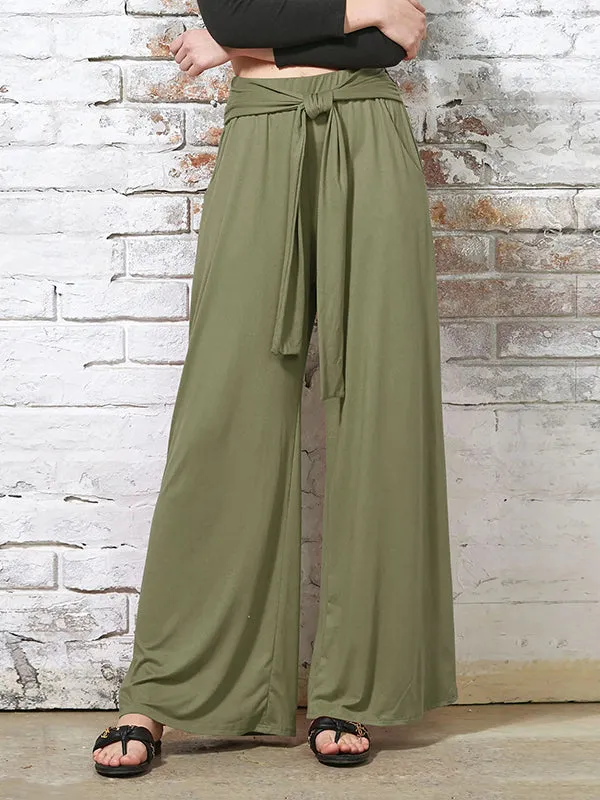 Loose Wide Leg Elasticity Solid Color Tied Waist Pants Trousers