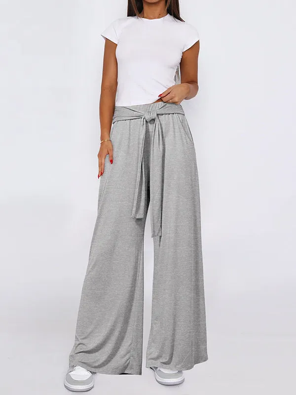 Loose Wide Leg Elasticity Solid Color Tied Waist Pants Trousers