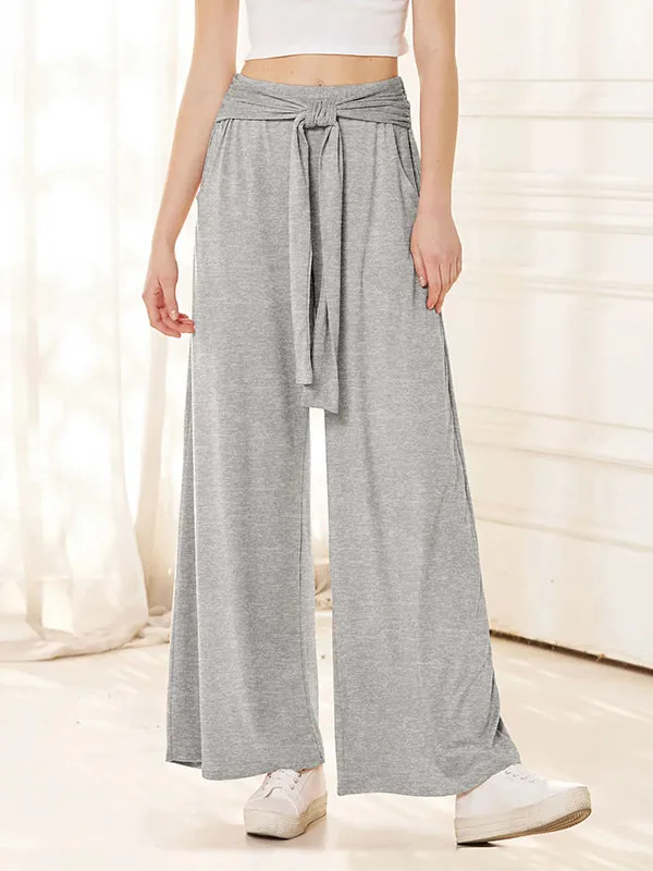 Loose Wide Leg Elasticity Solid Color Tied Waist Pants Trousers