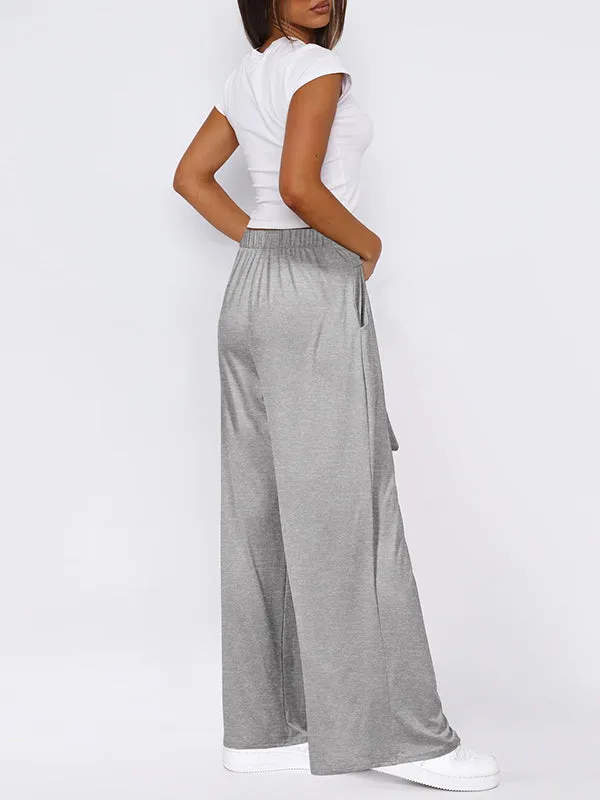 Loose Wide Leg Elasticity Solid Color Tied Waist Pants Trousers