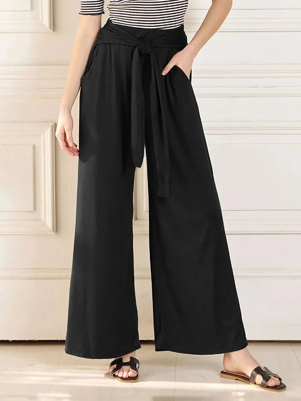 Loose Wide Leg Elasticity Solid Color Tied Waist Pants Trousers