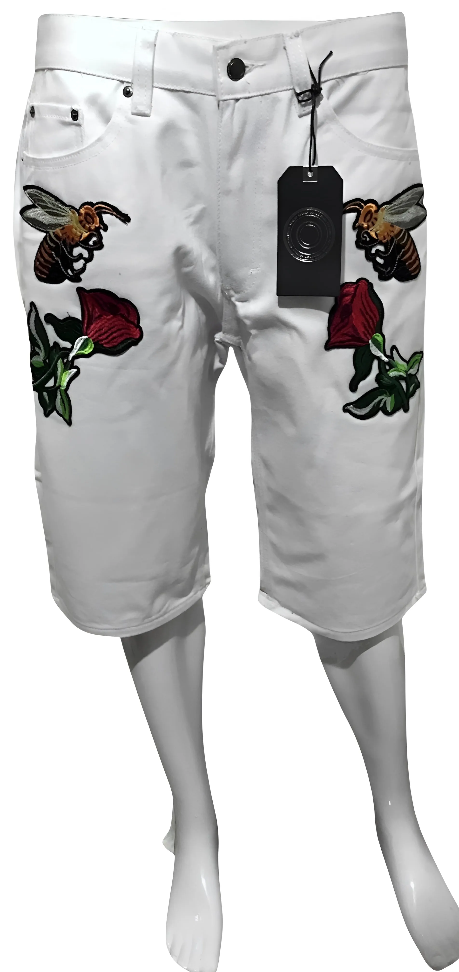 ^MAXI MILIAN^ (WHITE) ~BEES & ROSES~ DENIM SHORTS (SLIM FIT) (EMBROIDERED)