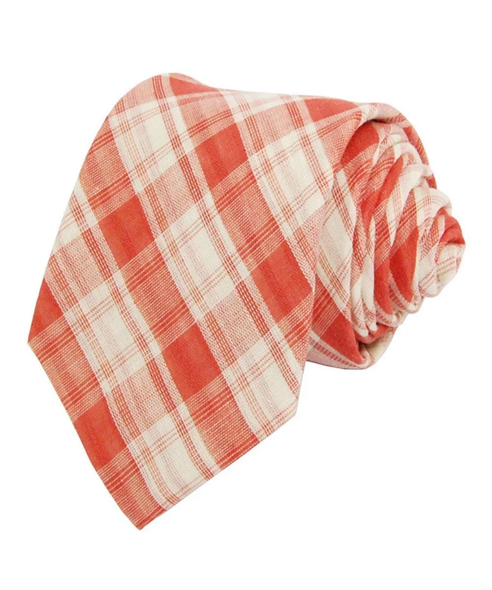 Melon and Off-White Plaid Cotton Necktie