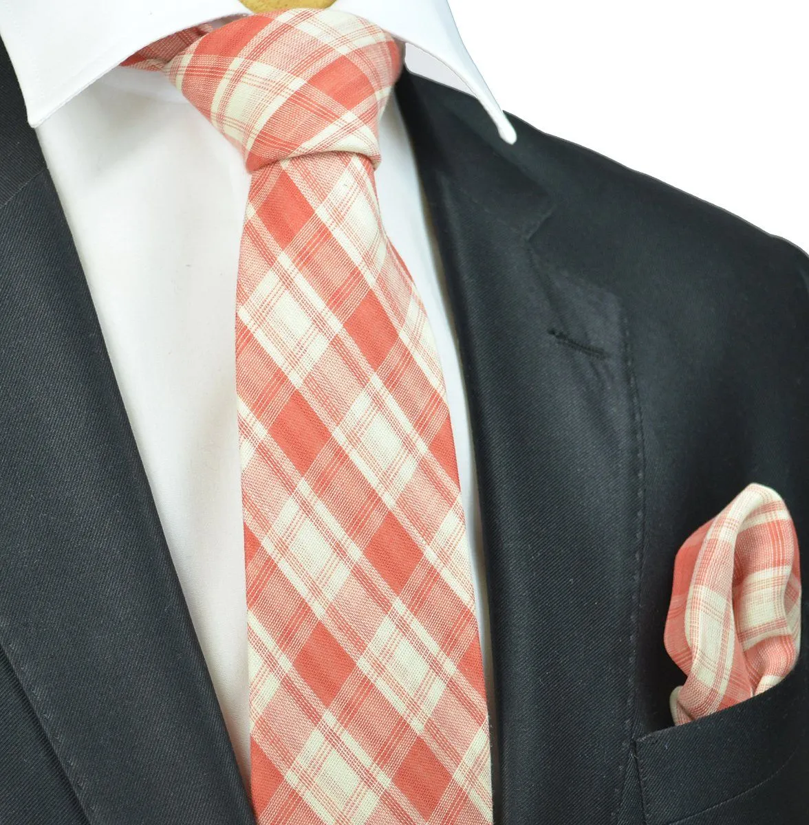 Melon and Off-White Plaid Cotton Necktie