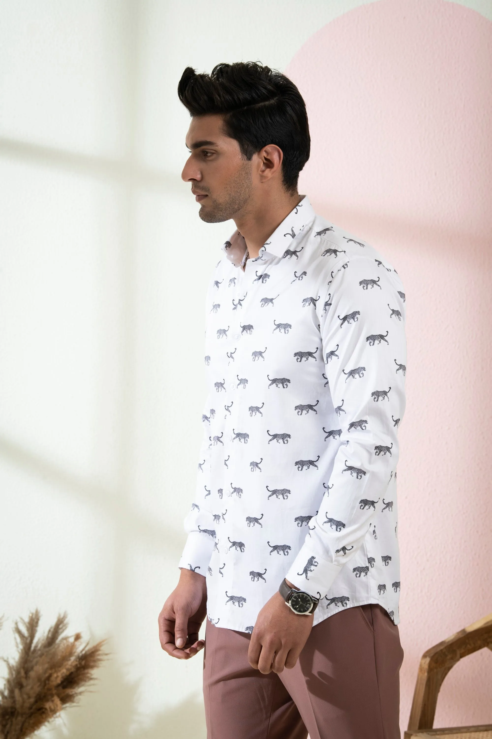 Men's White Color Feline Full Sleeves Shirt - Hilo Design