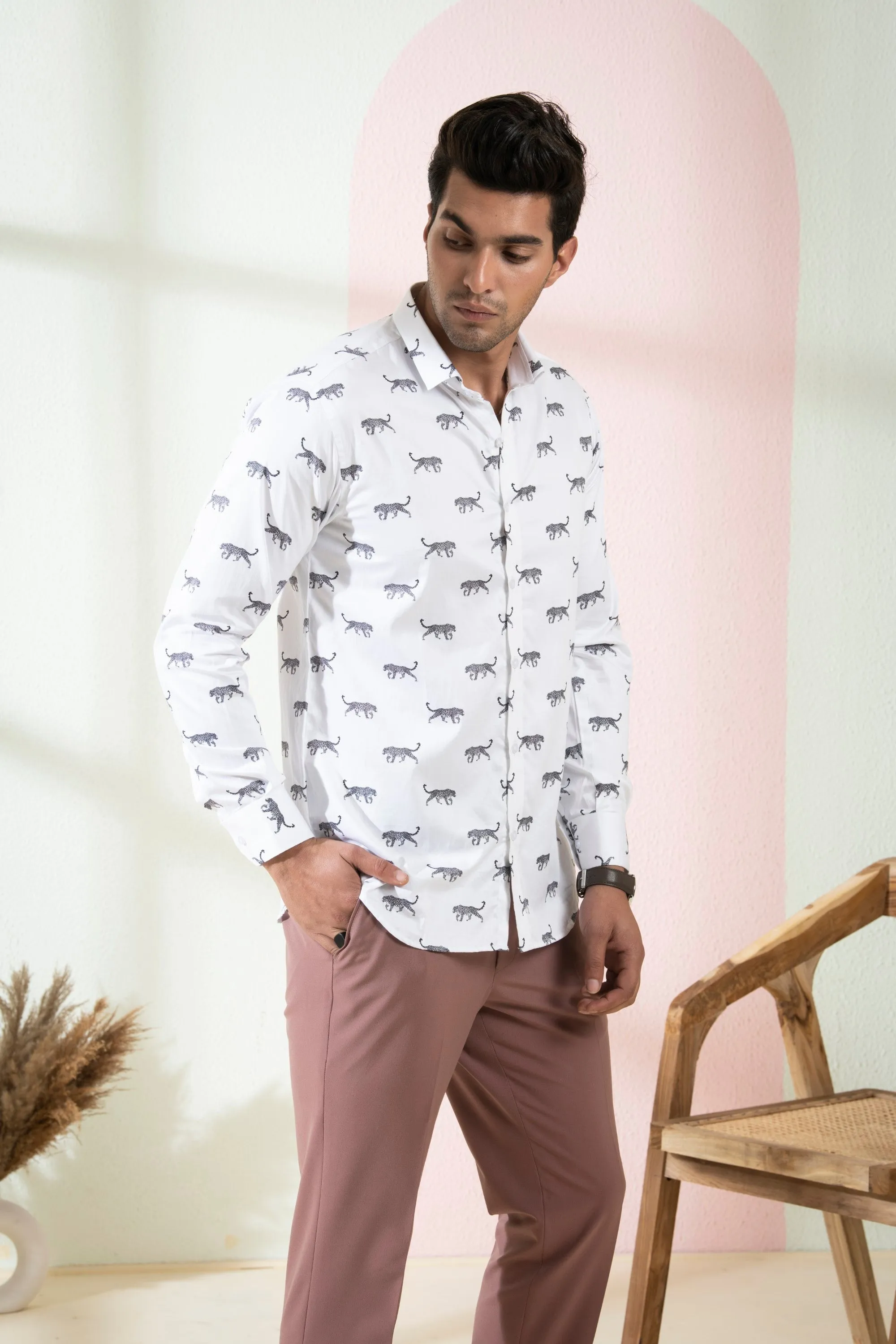 Men's White Color Feline Full Sleeves Shirt - Hilo Design