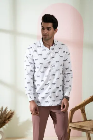 Men's White Color Feline Full Sleeves Shirt - Hilo Design