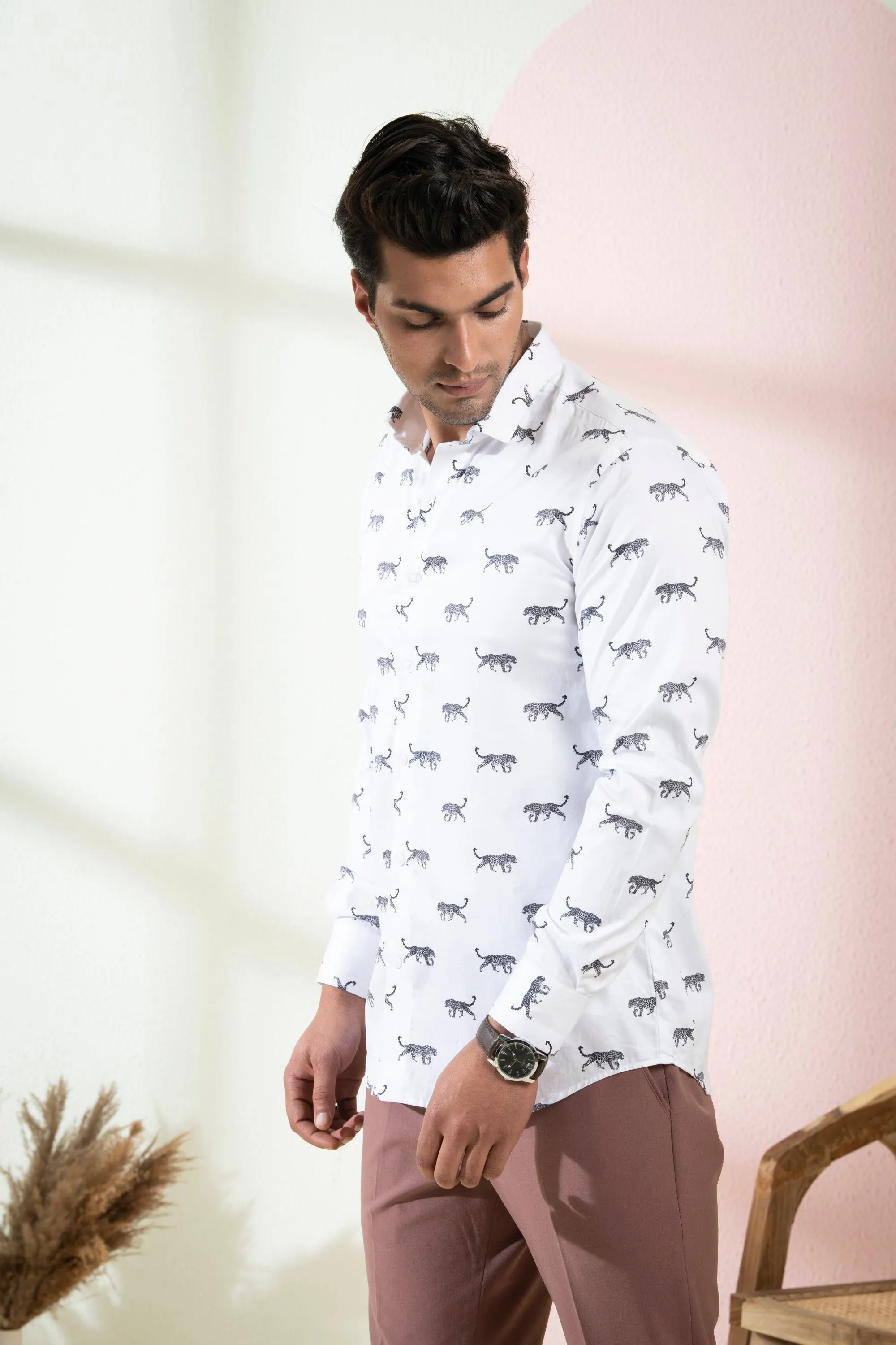 Men's White Color Feline Full Sleeves Shirt - Hilo Design