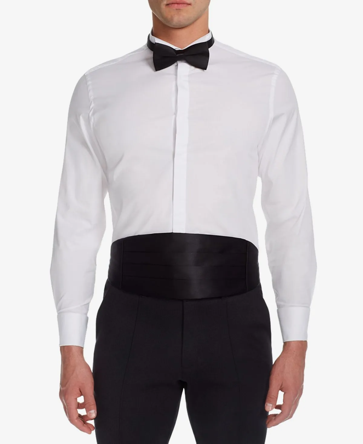 Michelsons London men's slim-fit stretch solid tuxedo shirt with stand collar and French cuffs ,  white