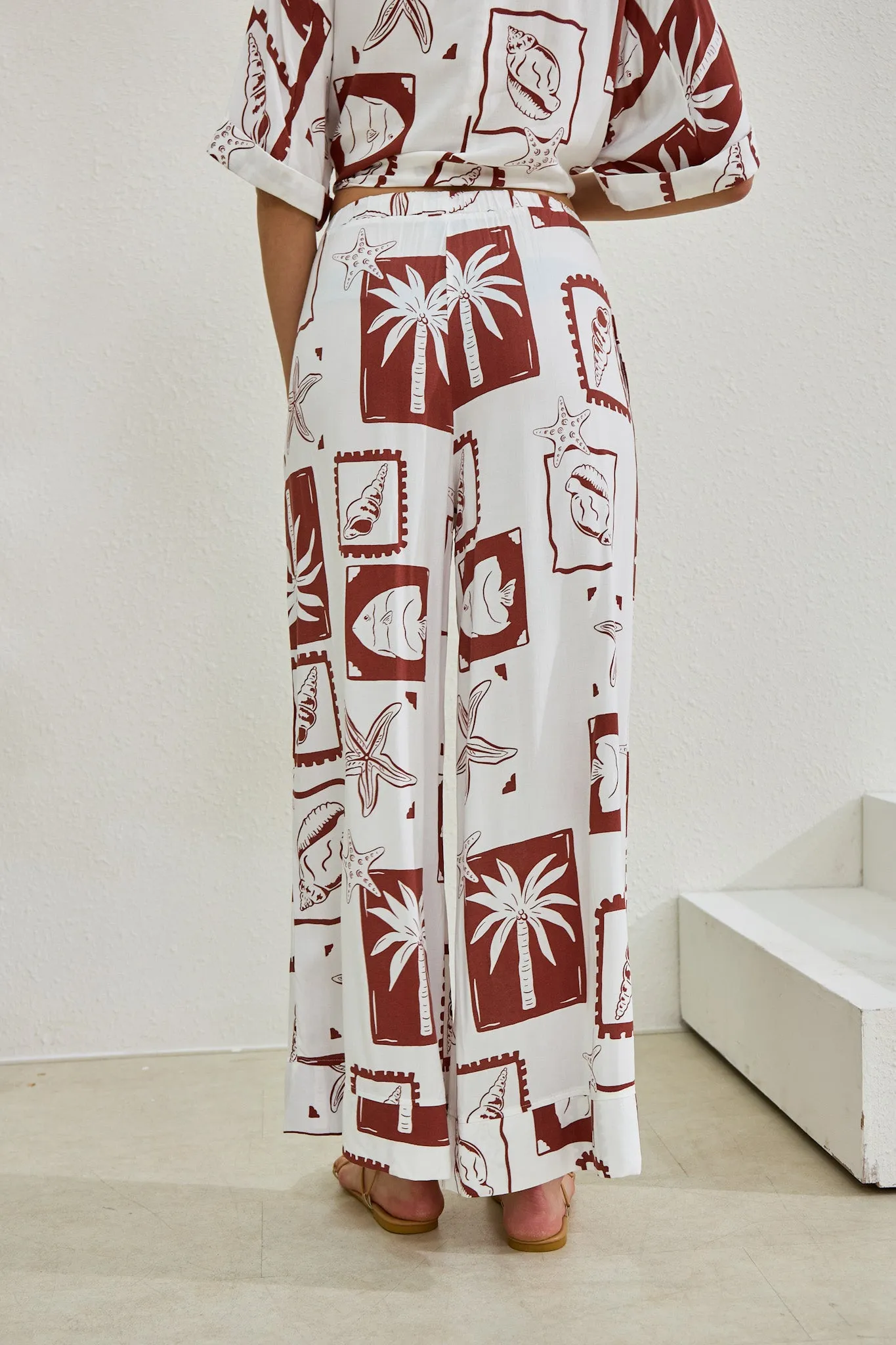 Mira Brown Sea Shells Tropical Wide Leg Pants