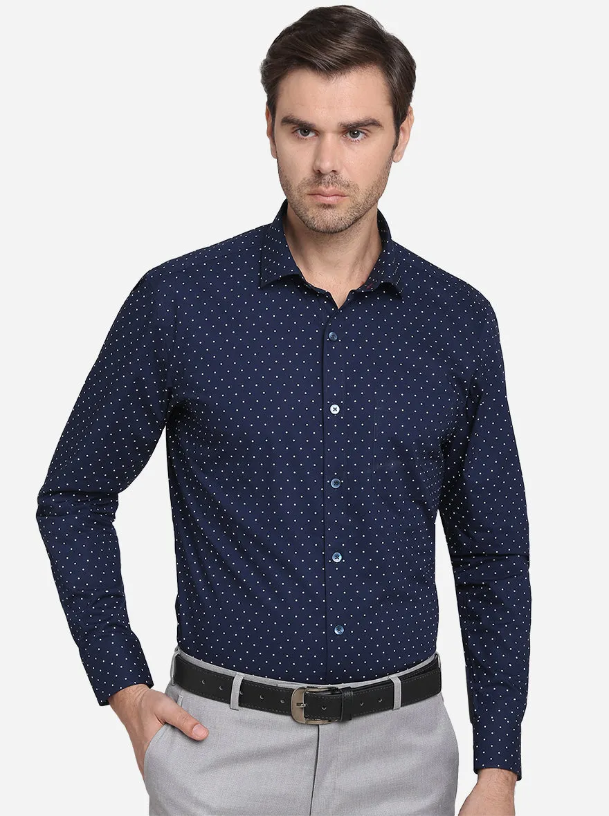 Navy Blue & White Printed Slim Fit Formal Shirt  | Metal