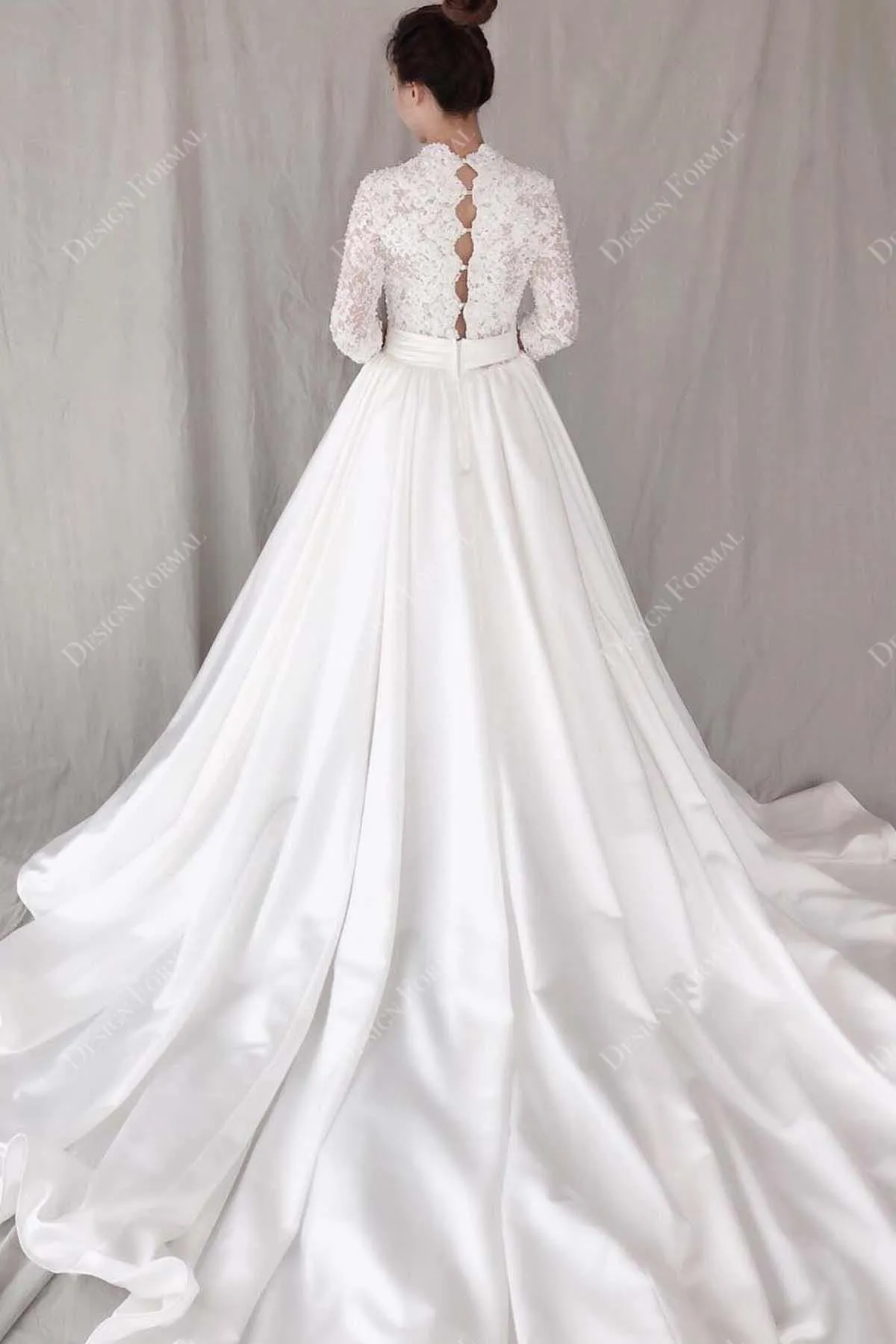 Plunging Neck Beaded Lace Long Sleeve Satin Custom Wedding Dress