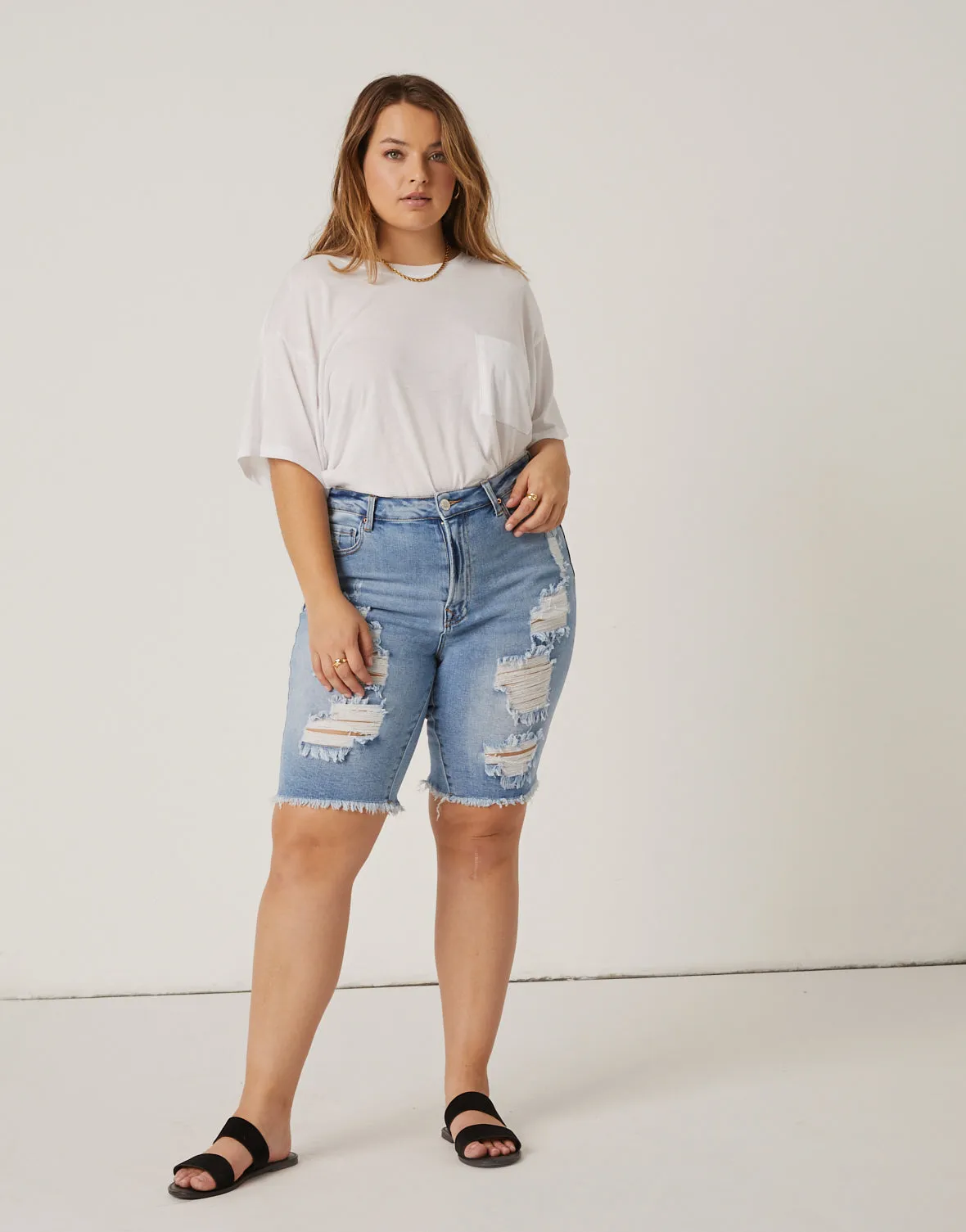 Plus Size Distressed Bermuda Denim Shorts