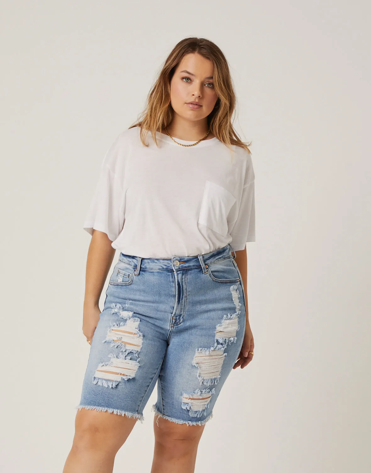 Plus Size Distressed Bermuda Denim Shorts