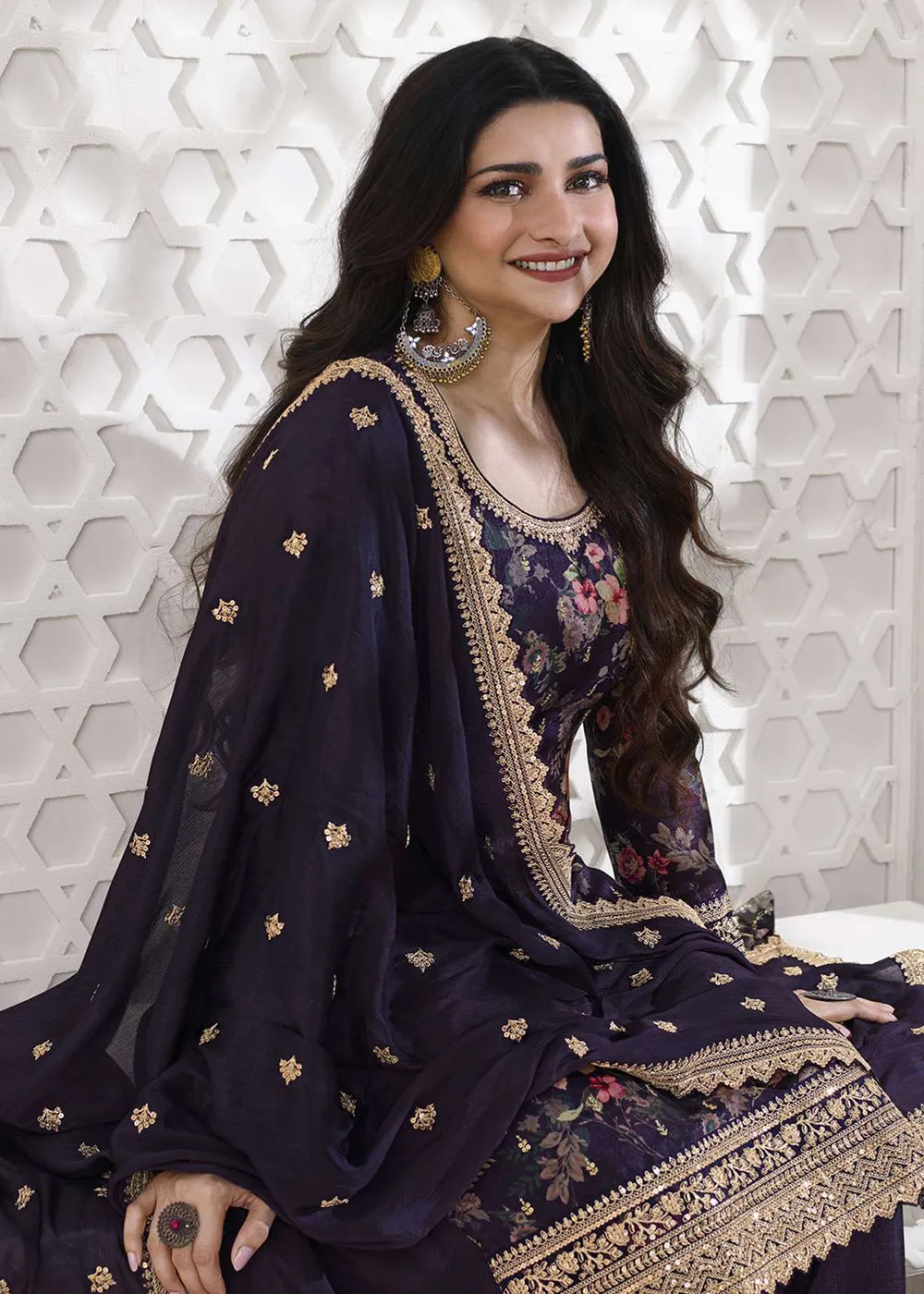 Prachi Desai Navy Blue Silk Georgette Embroidered Sharara Suit