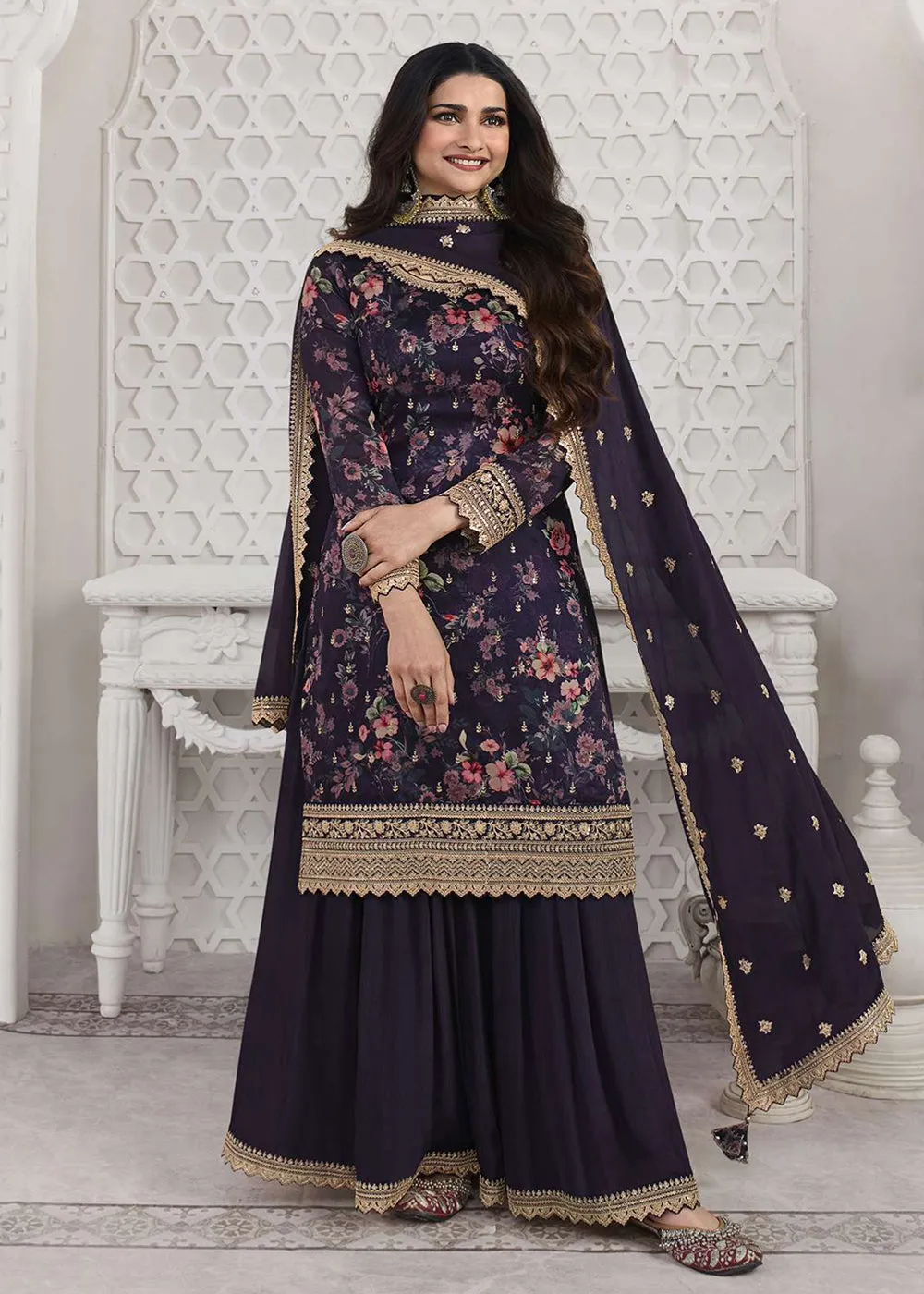 Prachi Desai Navy Blue Silk Georgette Embroidered Sharara Suit