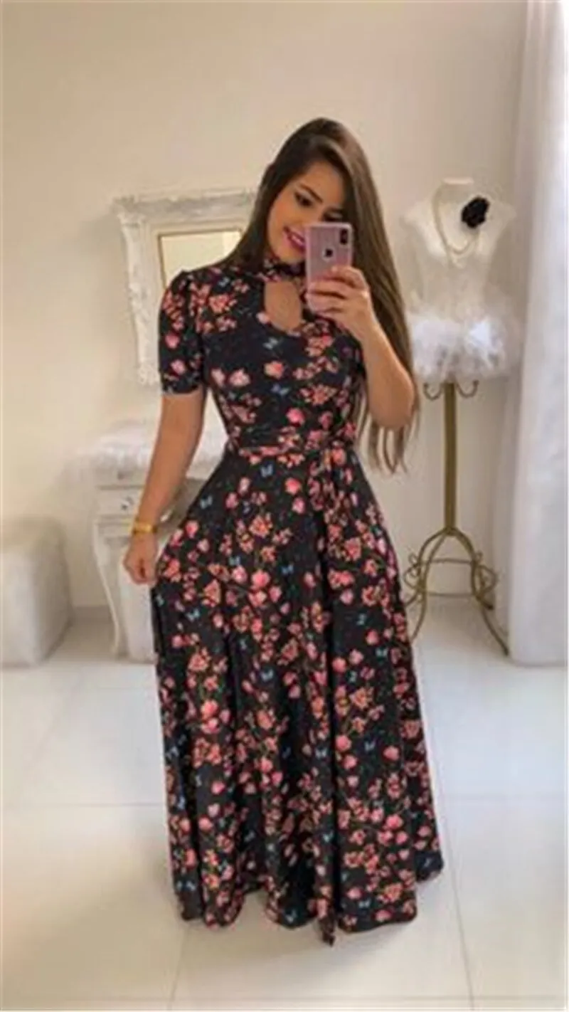 Print Party Dresses Long Dress Women Fashion Elegant Robe Femme Summer Casual Vestido De Festa Plus Size O-Neck Floor-Length