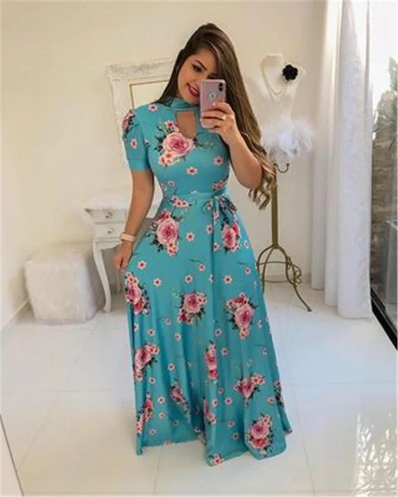 Print Party Dresses Long Dress Women Fashion Elegant Robe Femme Summer Casual Vestido De Festa Plus Size O-Neck Floor-Length