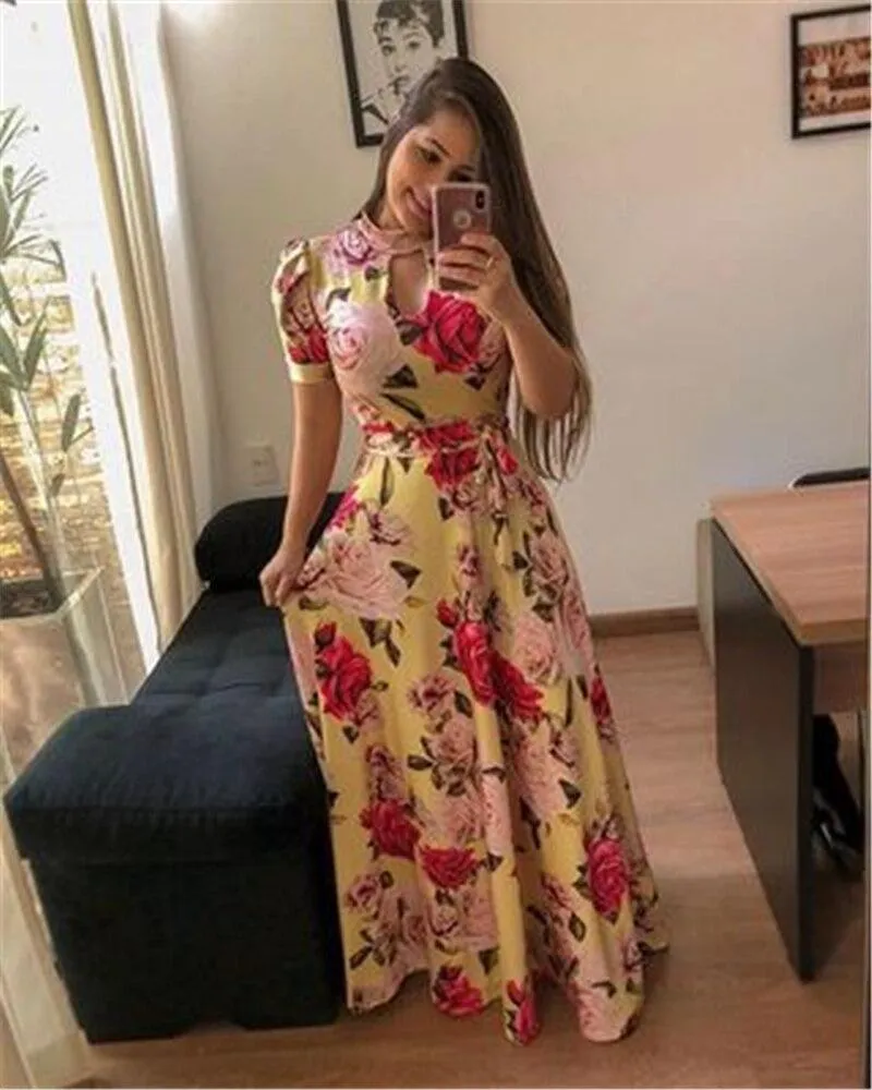 Print Party Dresses Long Dress Women Fashion Elegant Robe Femme Summer Casual Vestido De Festa Plus Size O-Neck Floor-Length