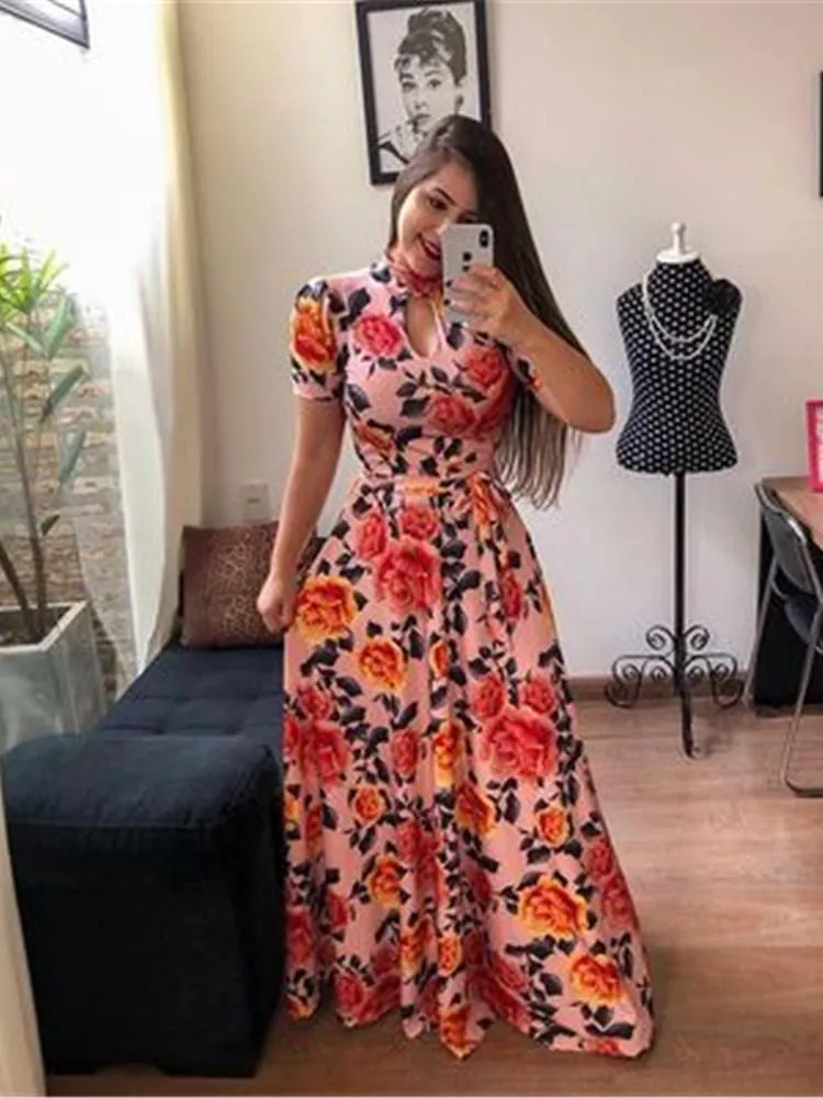 Print Party Dresses Long Dress Women Fashion Elegant Robe Femme Summer Casual Vestido De Festa Plus Size O-Neck Floor-Length