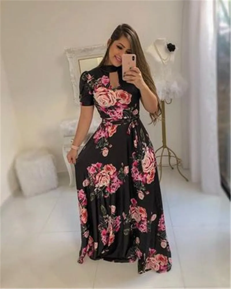 Print Party Dresses Long Dress Women Fashion Elegant Robe Femme Summer Casual Vestido De Festa Plus Size O-Neck Floor-Length