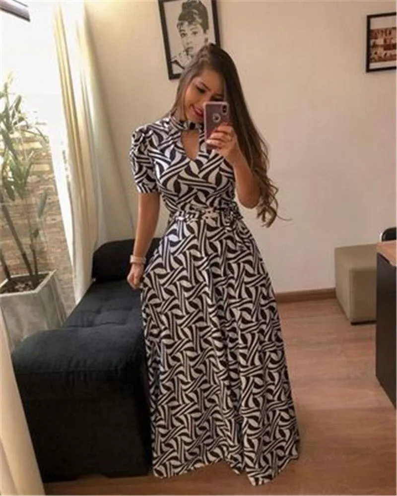 Print Party Dresses Long Dress Women Fashion Elegant Robe Femme Summer Casual Vestido De Festa Plus Size O-Neck Floor-Length