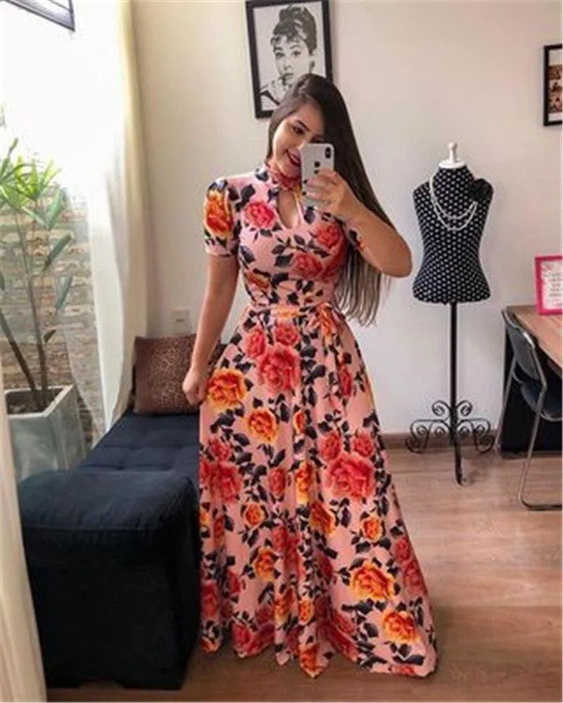 Print Party Dresses Long Dress Women Fashion Elegant Robe Femme Summer Casual Vestido De Festa Plus Size O-Neck Floor-Length