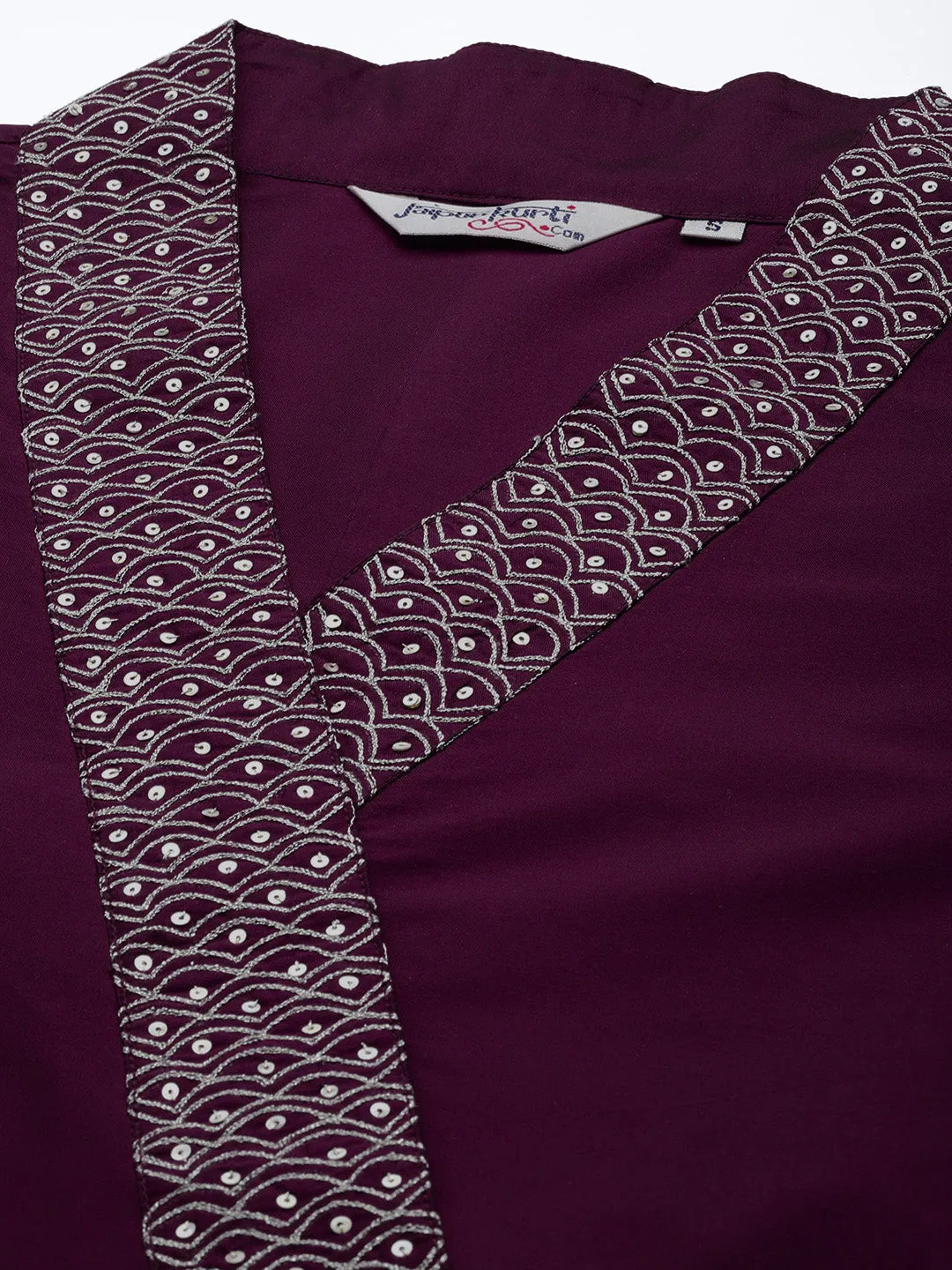 Purple Silk Blend Angrakha Style A-Line Embroidered Kurta