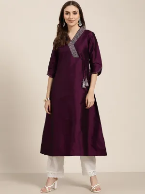 Purple Silk Blend Angrakha Style A-Line Embroidered Kurta