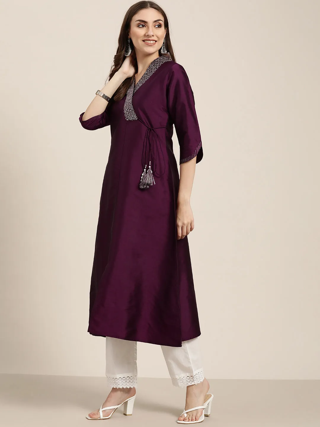 Purple Silk Blend Angrakha Style A-Line Embroidered Kurta