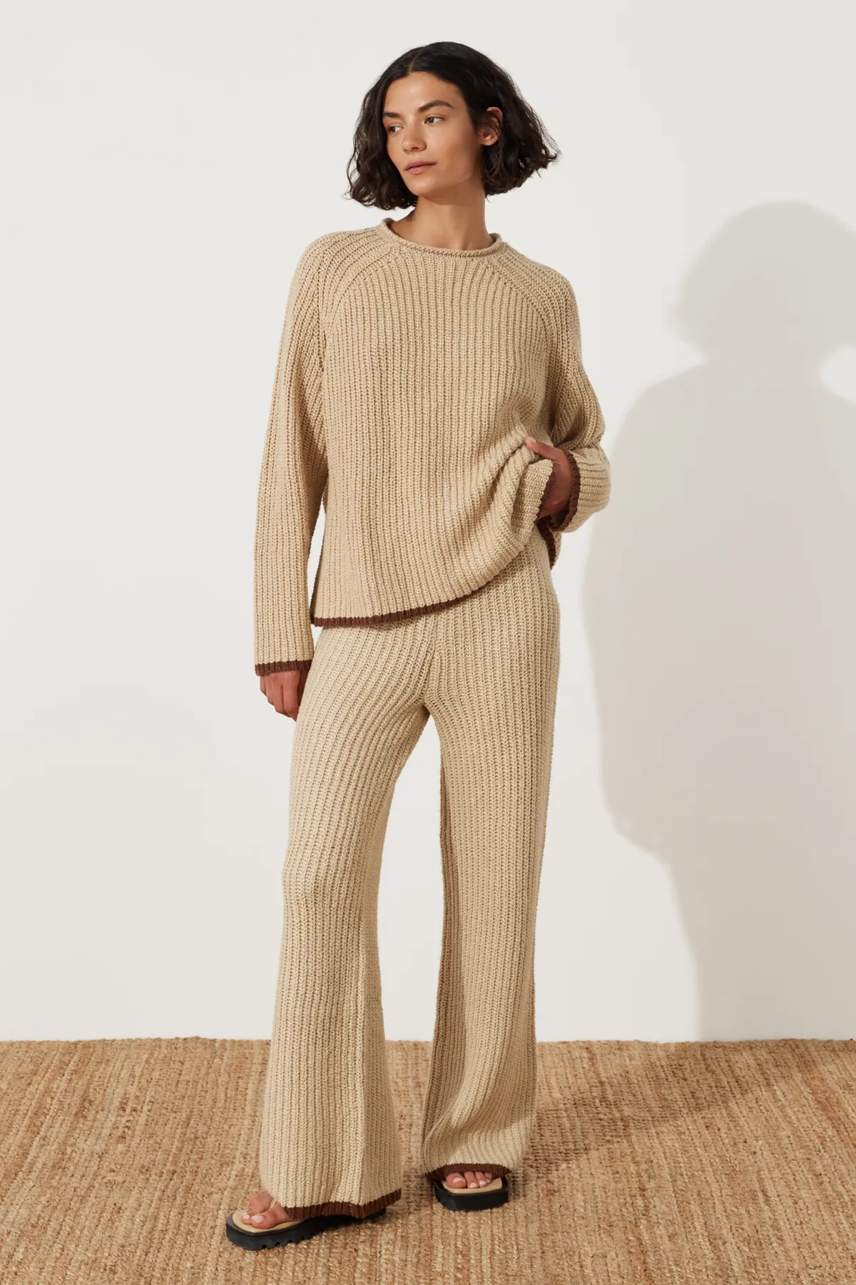 Sand Contrast Rib Knit Pant