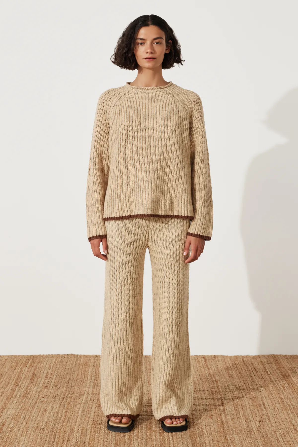 Sand Contrast Rib Knit Pant