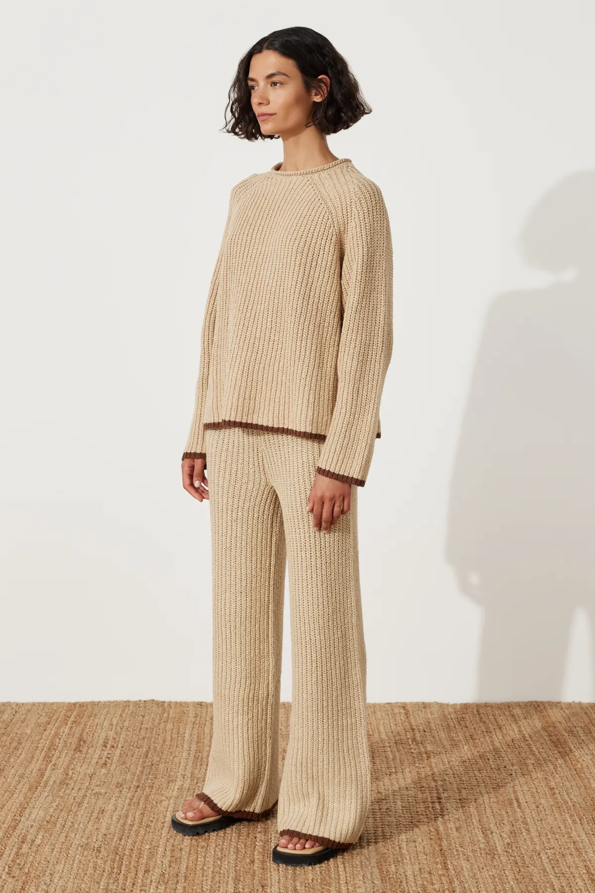 Sand Contrast Rib Knit Pant