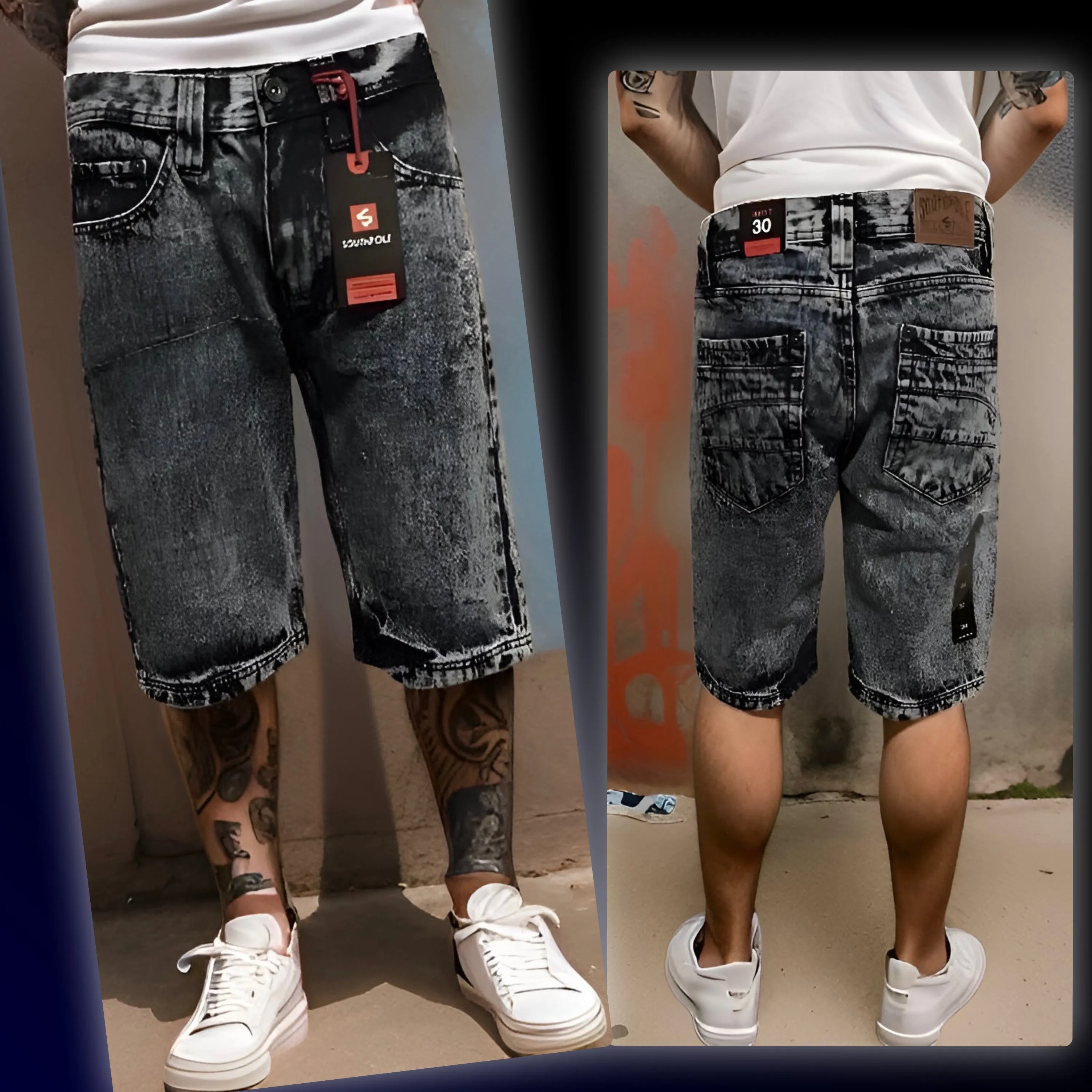 ^SOUTHPOLE^ (ACID BLUE) RIPPED DENIM SHORTS (WAIST 30'')