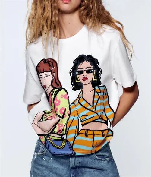 Summer Ladies round Neck White Printed Cartoon Women Clothing Girl Printed Short Sleeve T shirt