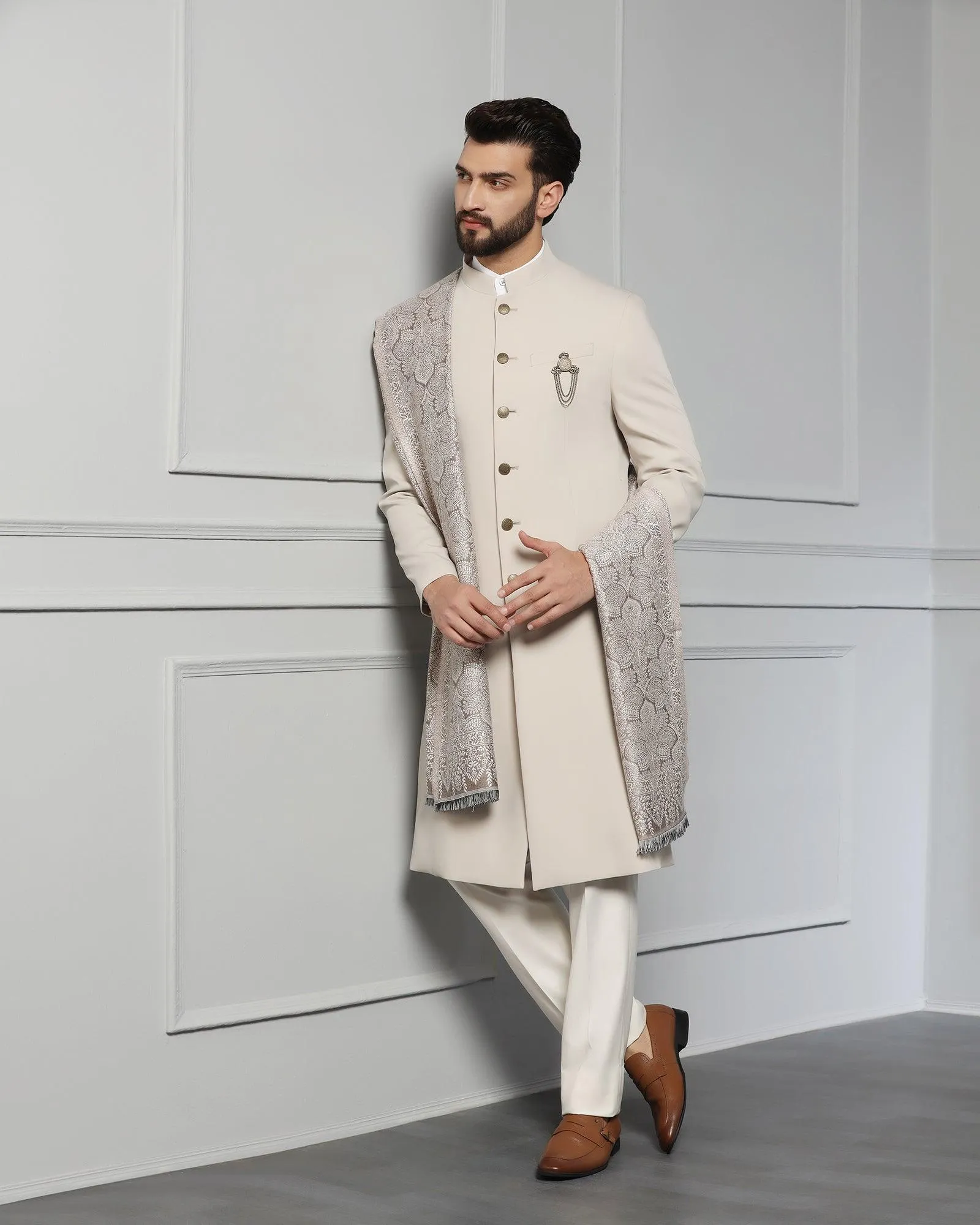 Swarn Two Piece Beige Solid Achkan Set - Dagaris