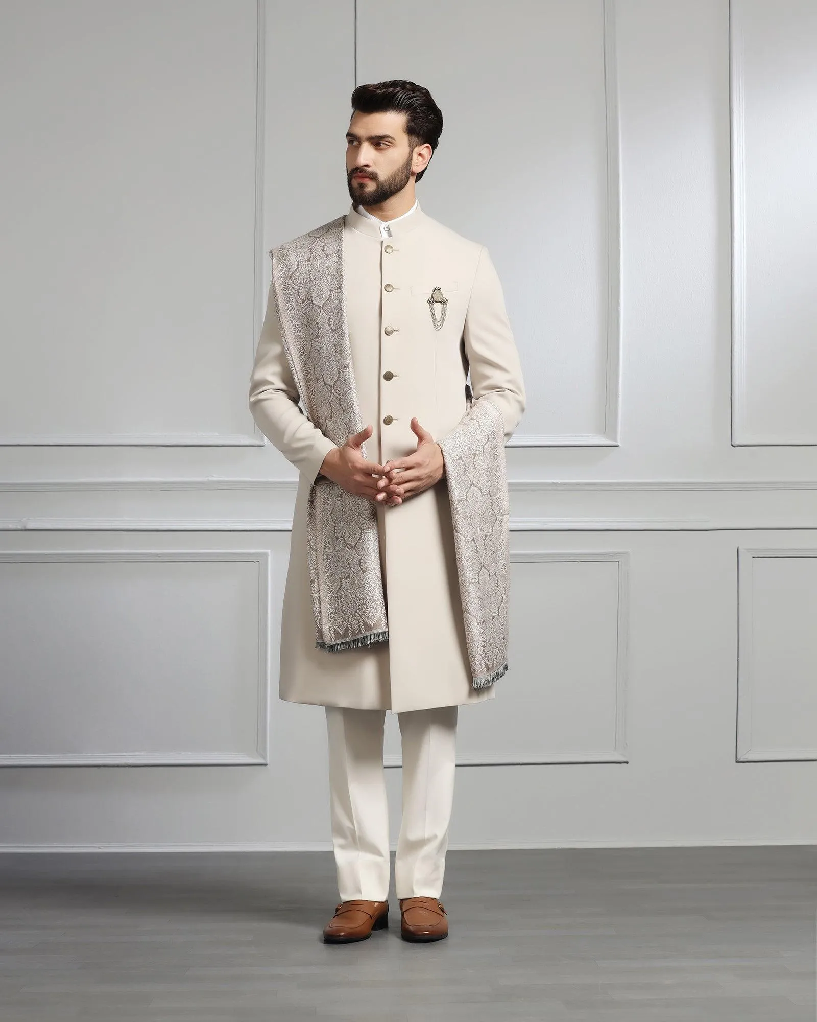 Swarn Two Piece Beige Solid Achkan Set - Dagaris