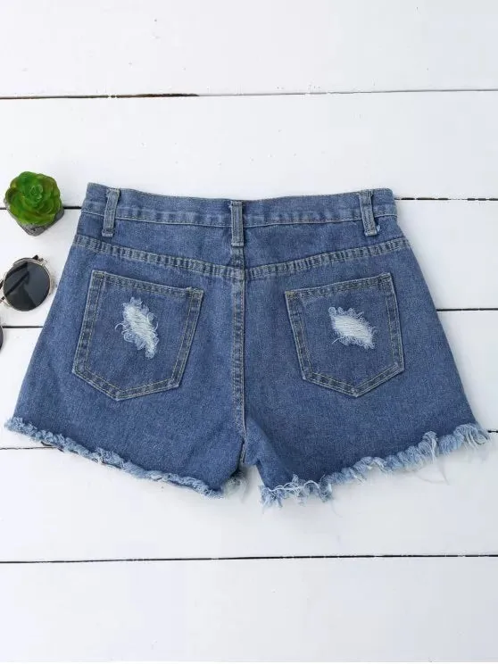 Trendy Embroidered Cutoffs Ripped Denim Shorts