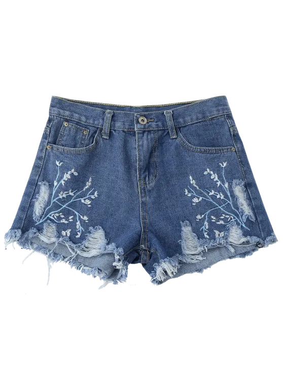 Trendy Embroidered Cutoffs Ripped Denim Shorts