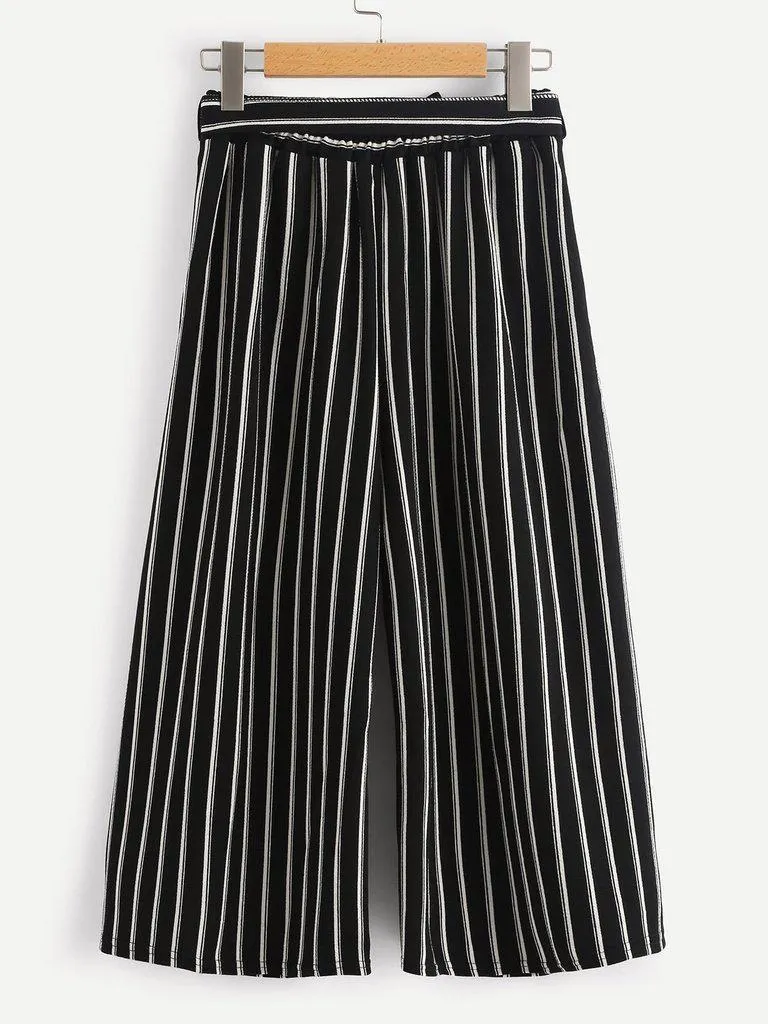 Vertical Stripe Self Tie Wide Leg Pants