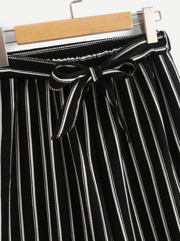 Vertical Stripe Self Tie Wide Leg Pants