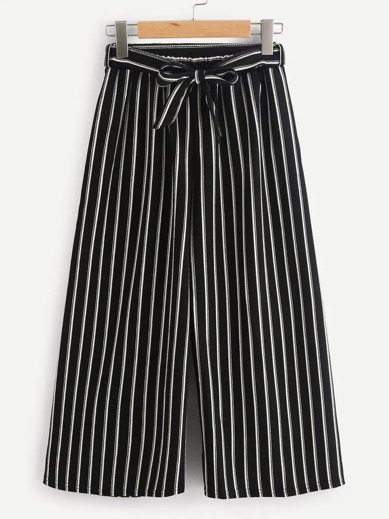 Vertical Stripe Self Tie Wide Leg Pants