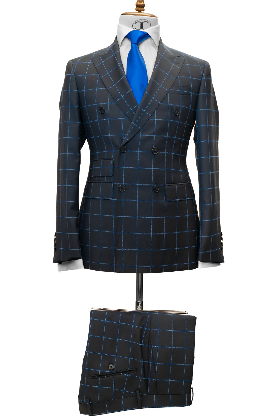 Vitale Barberis - Navy blue with royal blue plaid double breasted slim fit suit