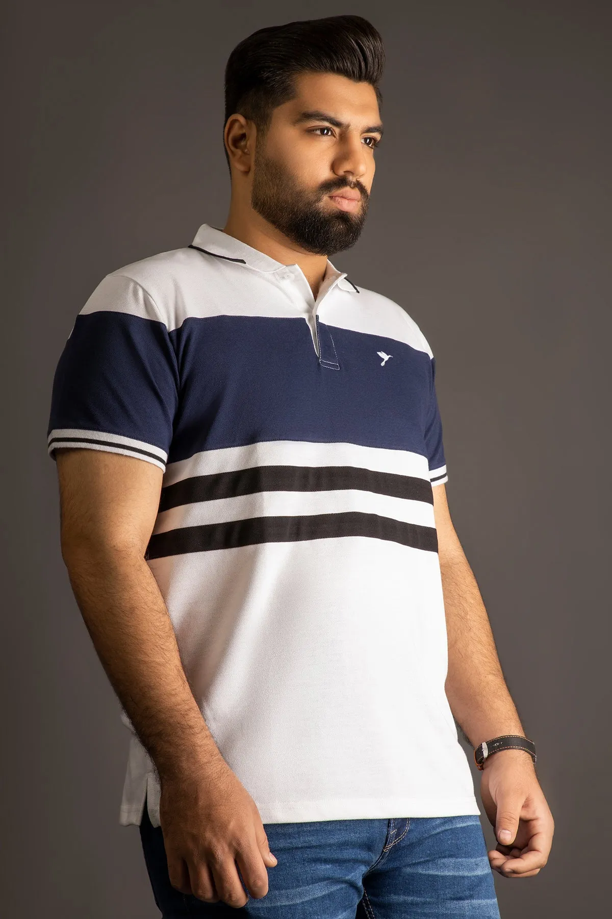 White Contrast Panelled Polo Shirt (Plus size) - A24 - MP0247P