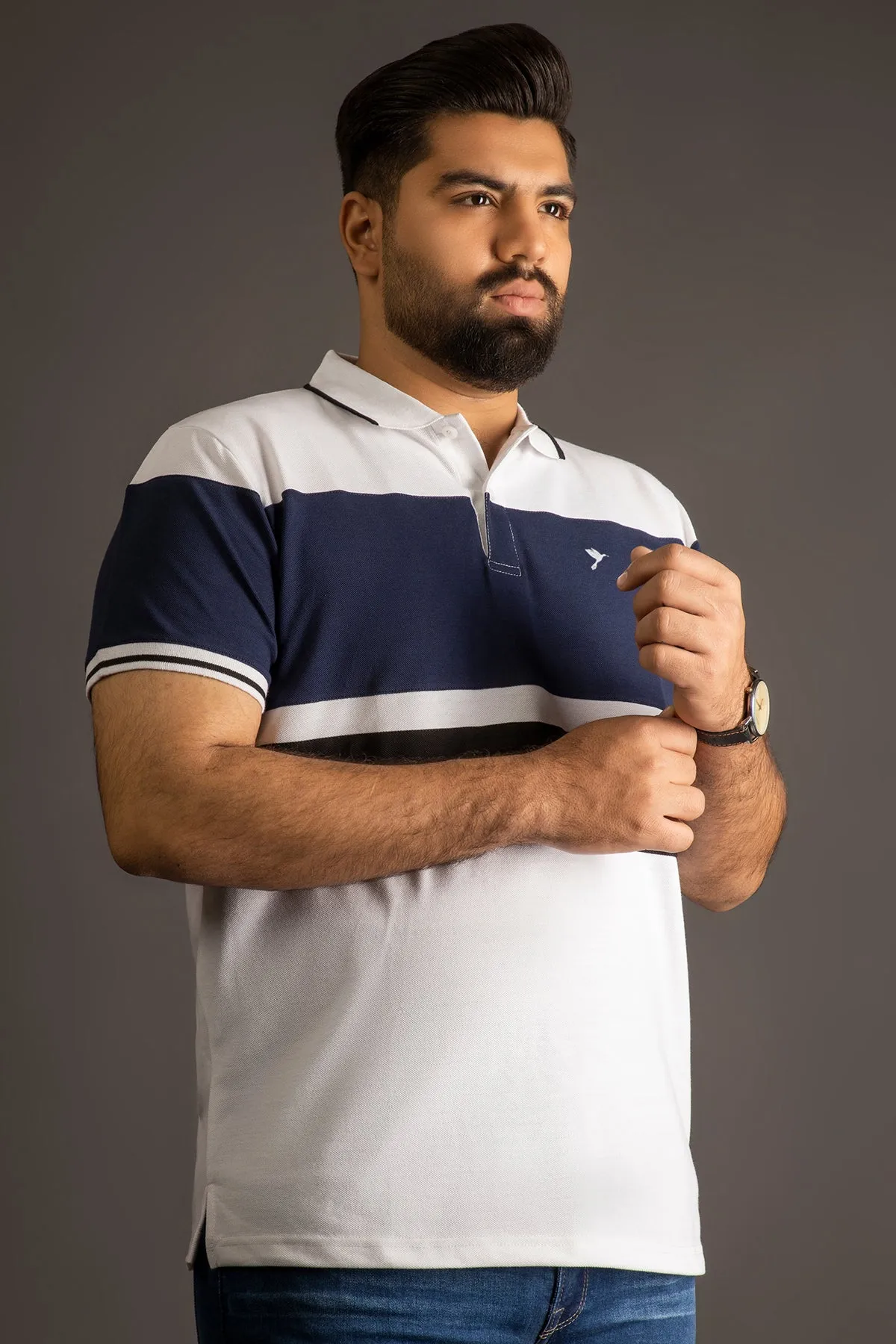 White Contrast Panelled Polo Shirt (Plus size) - A24 - MP0247P